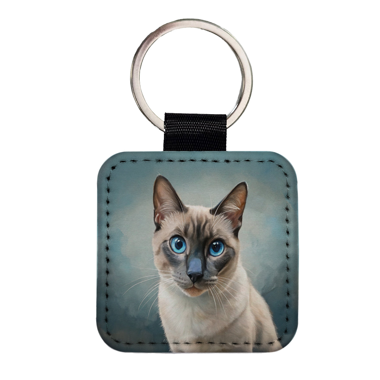 Siamese Cat Illustration Square Faux Leather Keychain
