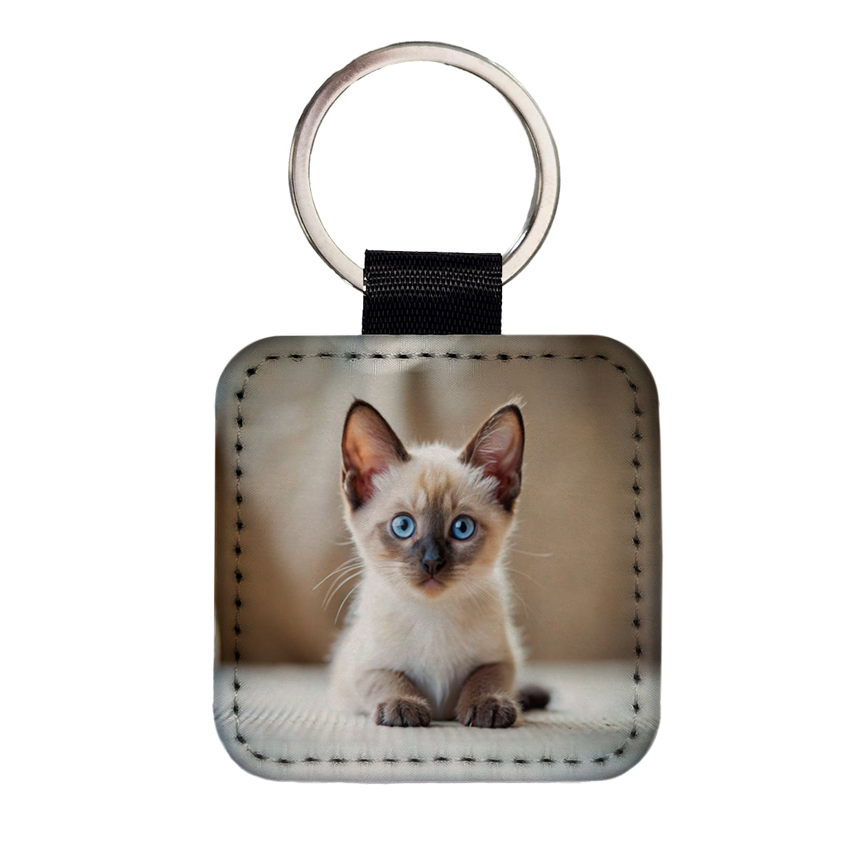 Siamese Cat Kitten Photo Square Faux Leather Keychain