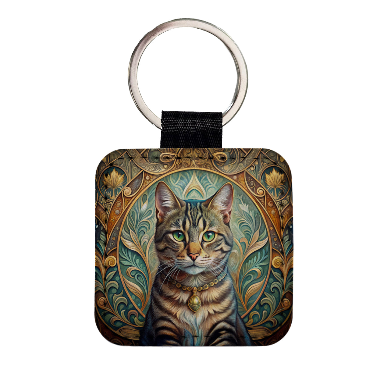 Tabby Cat Art Nouveau Square Faux Leather Keychain