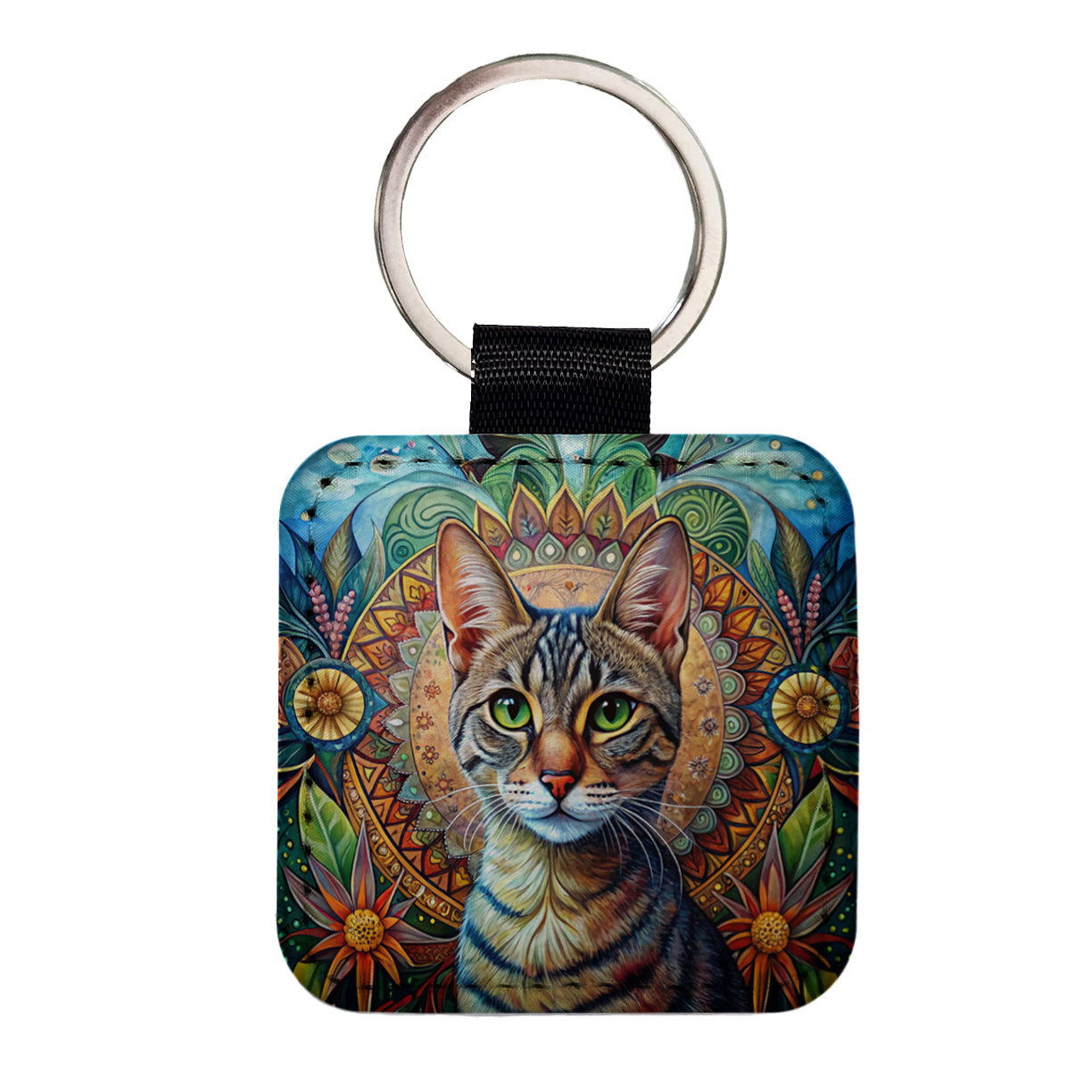 Tabby Cat Bohemian Art Square Faux Leather Keychain