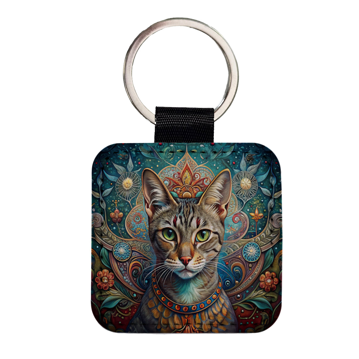 Tabby Cat French Bohemian Art Square Faux Leather Keychain