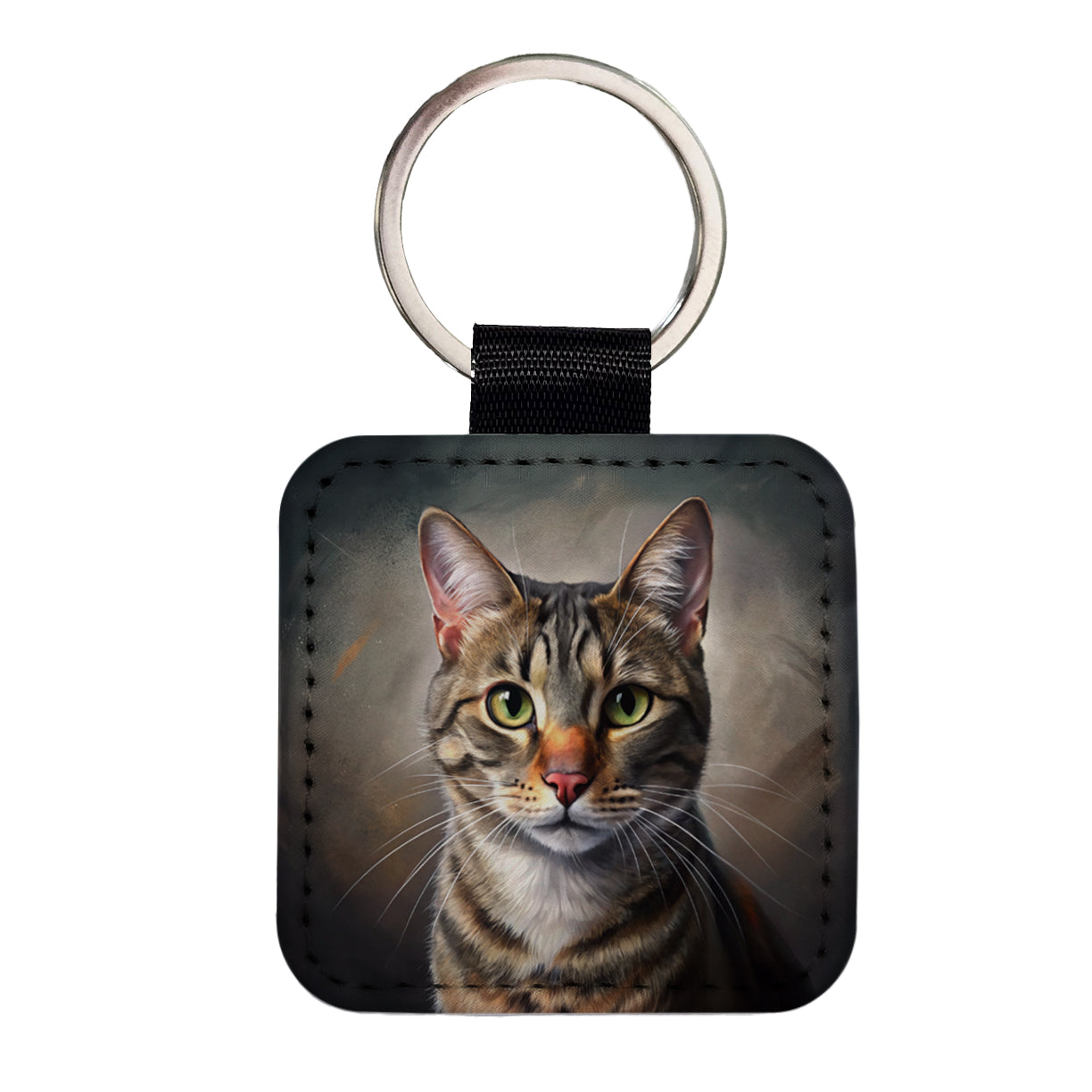 Tabby Cat Illustration Square Faux Leather Keychain