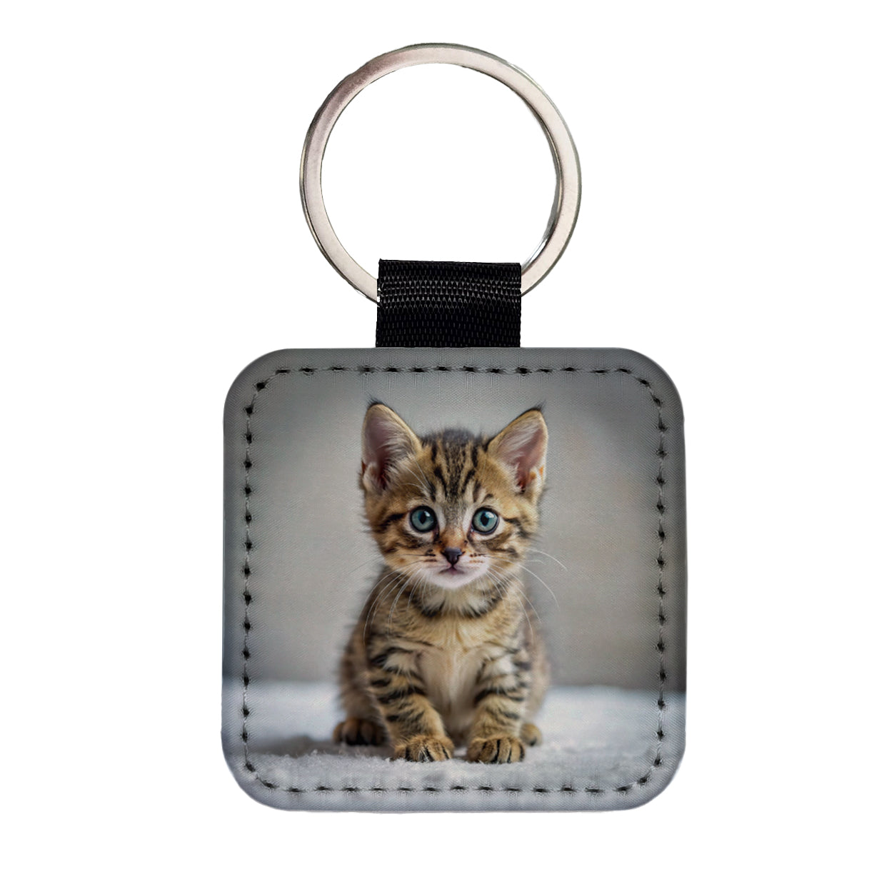 Tabby Cat Kitten Photo Square Faux Leather Keychain