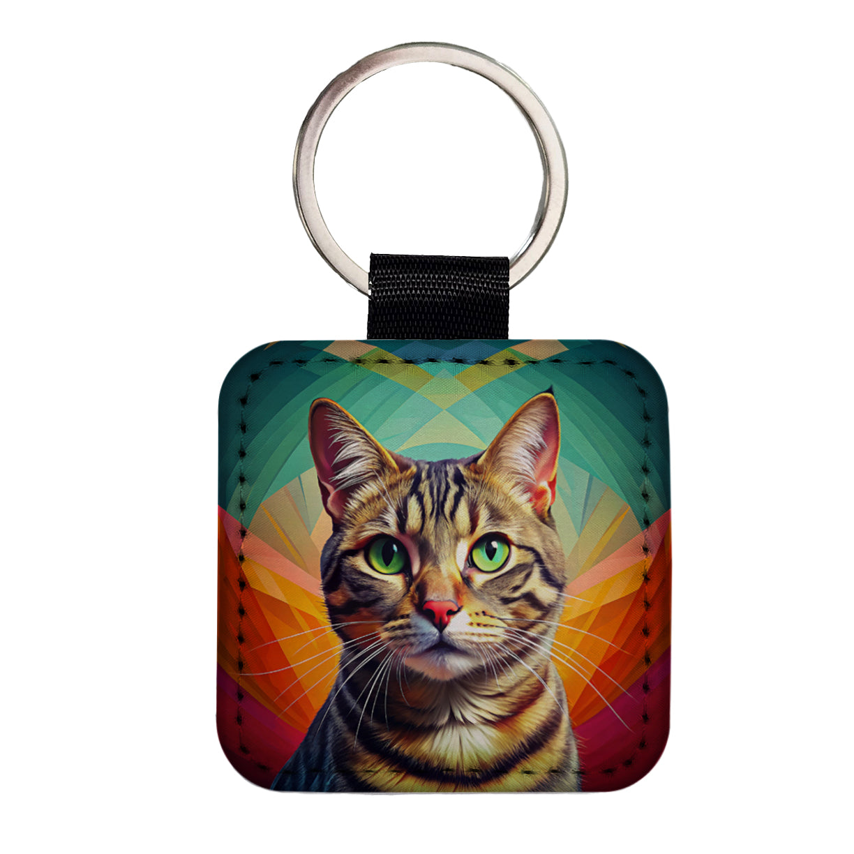 Tabby Cat Pop Art Square Faux Leather Keychain