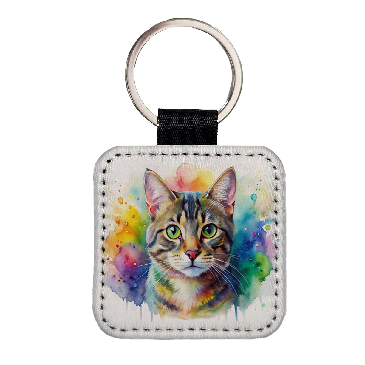 Tabby Cat Watercolor Style Square Faux Leather Keychain