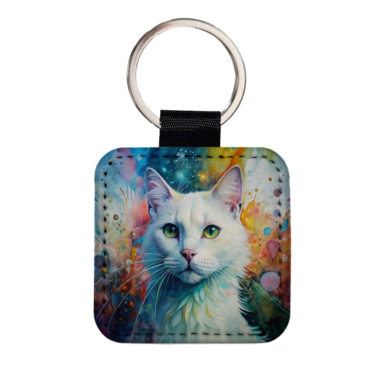 White Cat Abstract Art Square Faux Leather Keychain