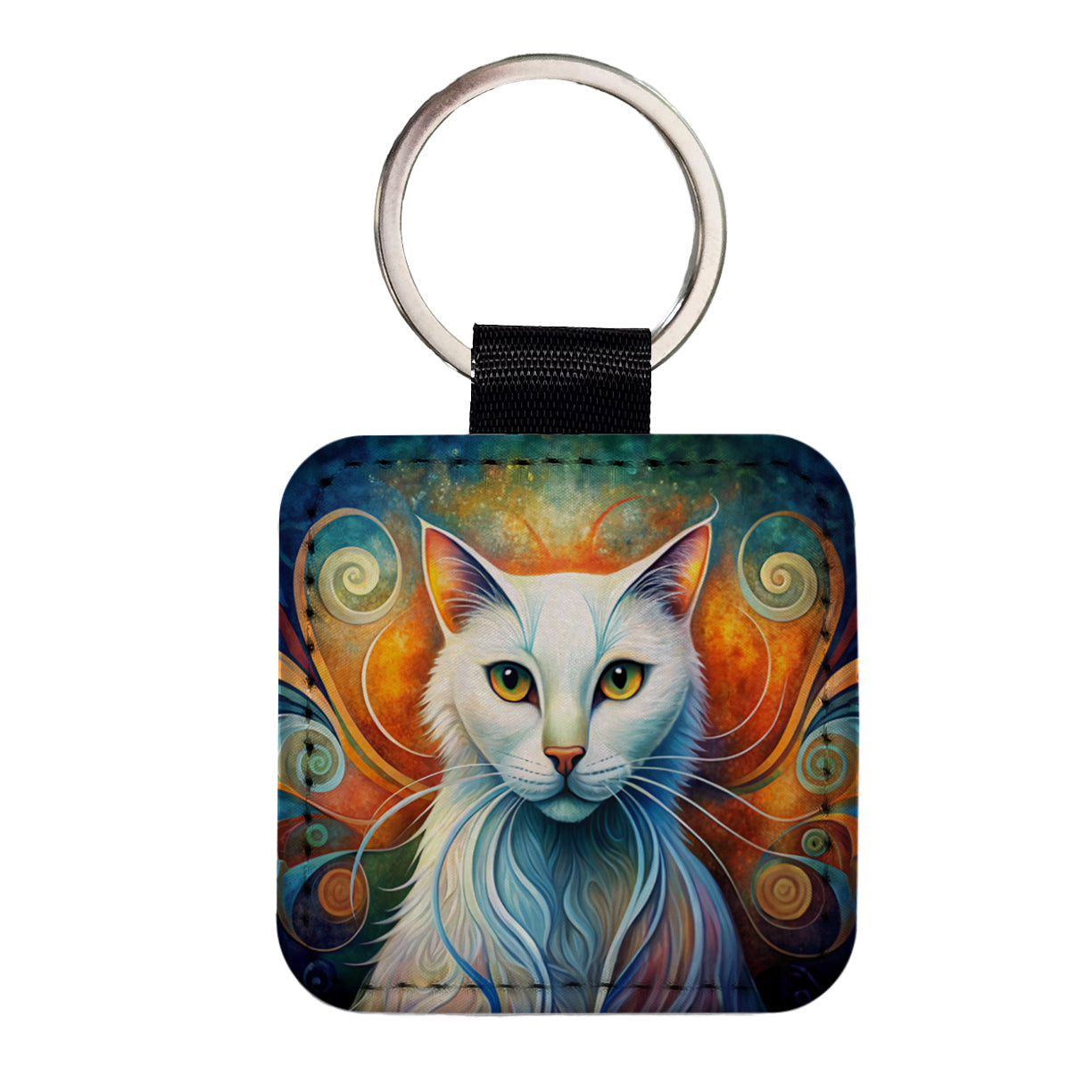 White Cat Abstract Stylized Art Square Faux Leather Keychain
