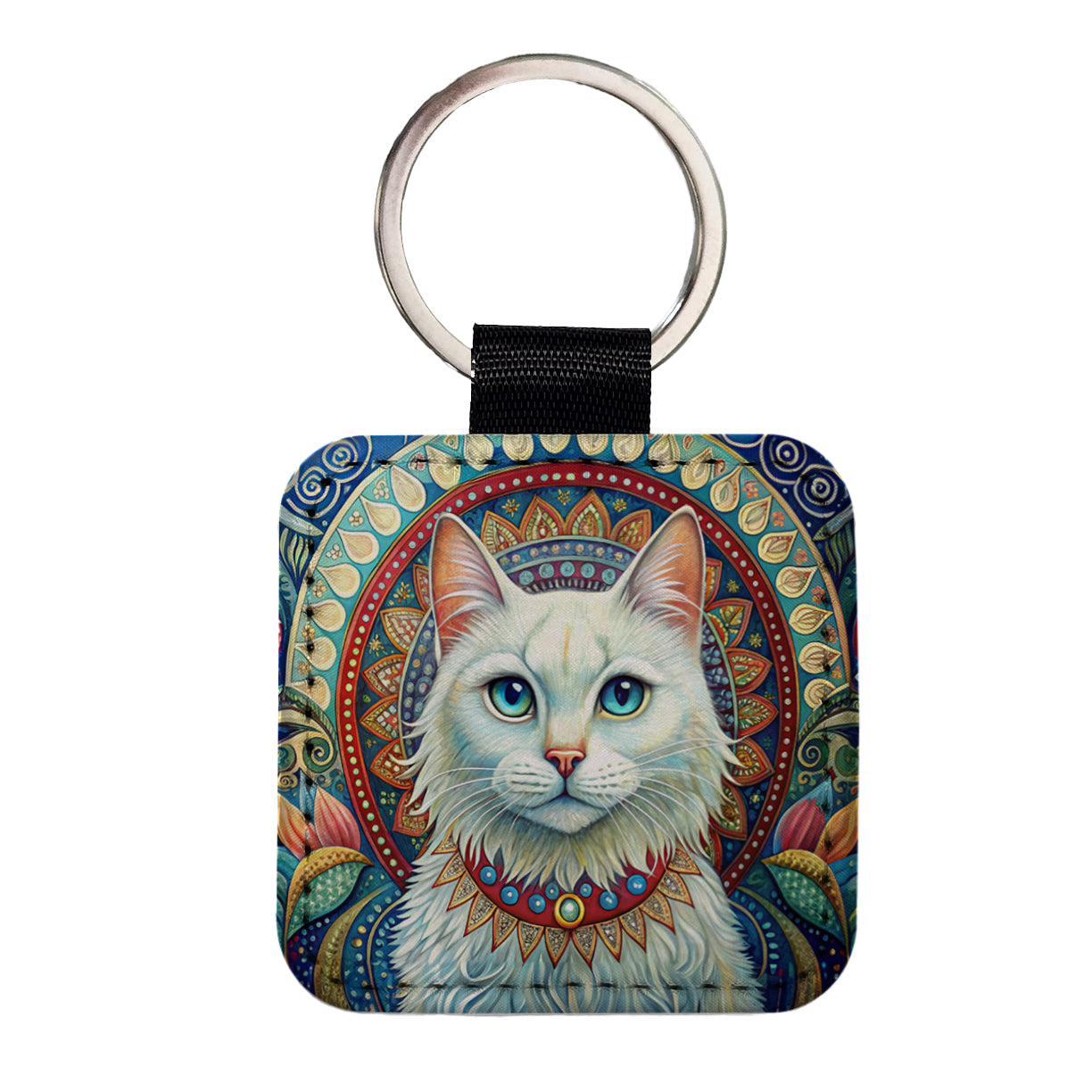 White Cat Bohemian Art Square Faux Leather Keychain