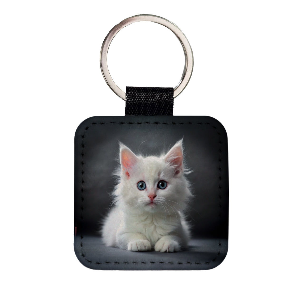 White Cat Kitten Photo Square Faux Leather Keychain