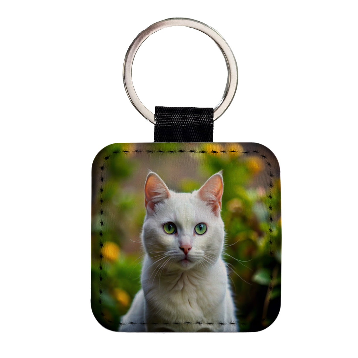 White Cat Photo Square Faux Leather Keychain