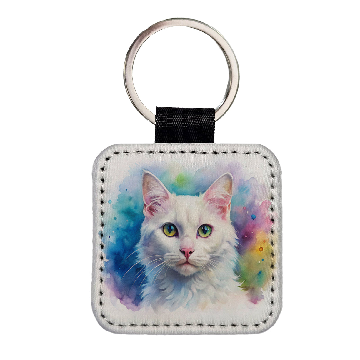 White Cat Watercolor Style Square Faux Leather Keychain