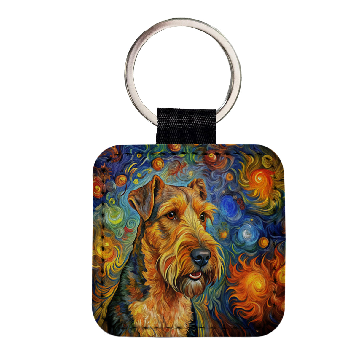 Airedale Terrier Dog Abstract Art Square Faux Leather Keychain