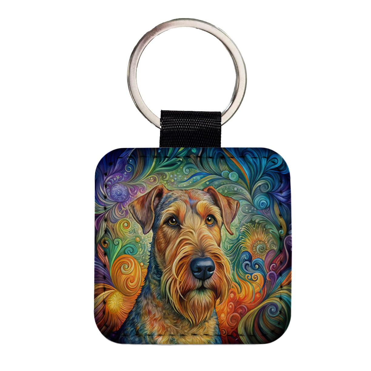 Airedale Terrier Dog Bohemian Art Square Faux Leather Keychain