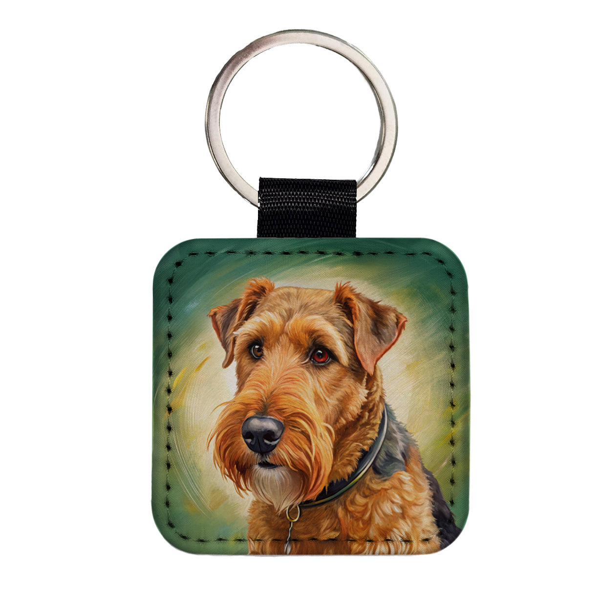 Airedale Terrier Dog Illustration Square Faux Leather Keychain