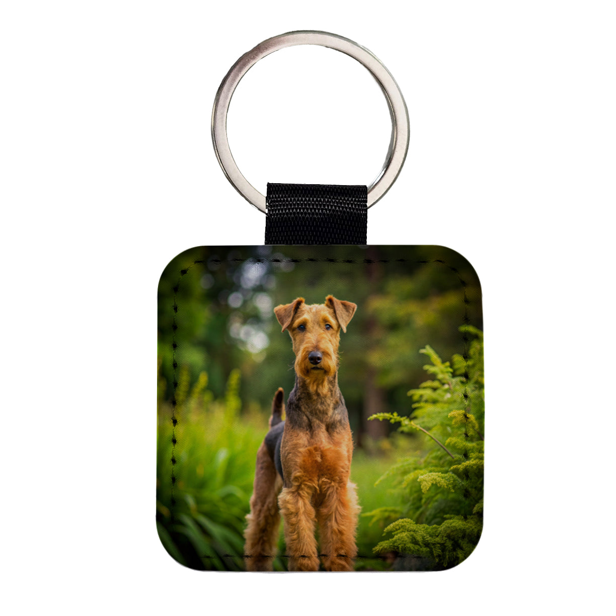 Airedale Terrier Dog Photo Square Faux Leather Keychain