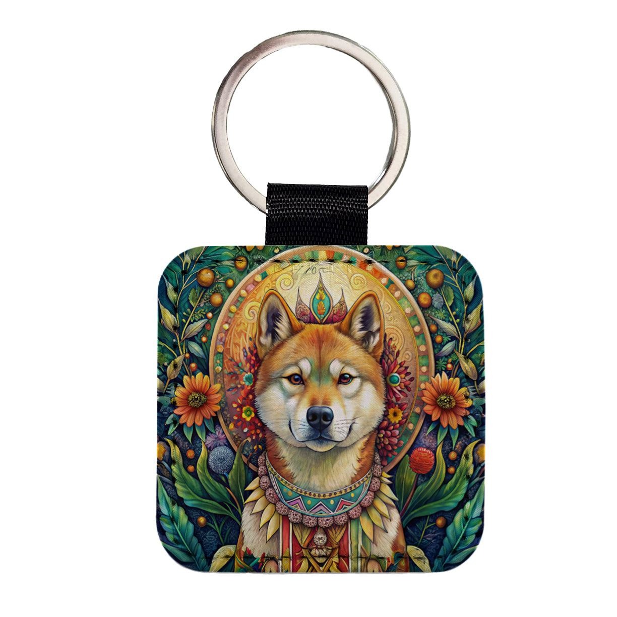 Akita Dog Bohemian Art Square Faux Leather Keychain