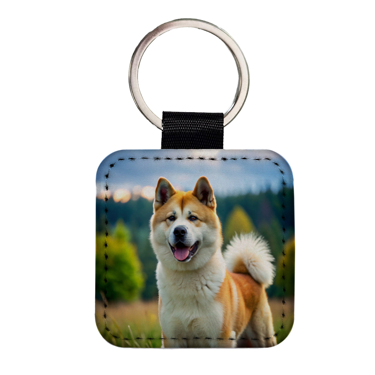 Akita Dog Photo Square Faux Leather Keychain