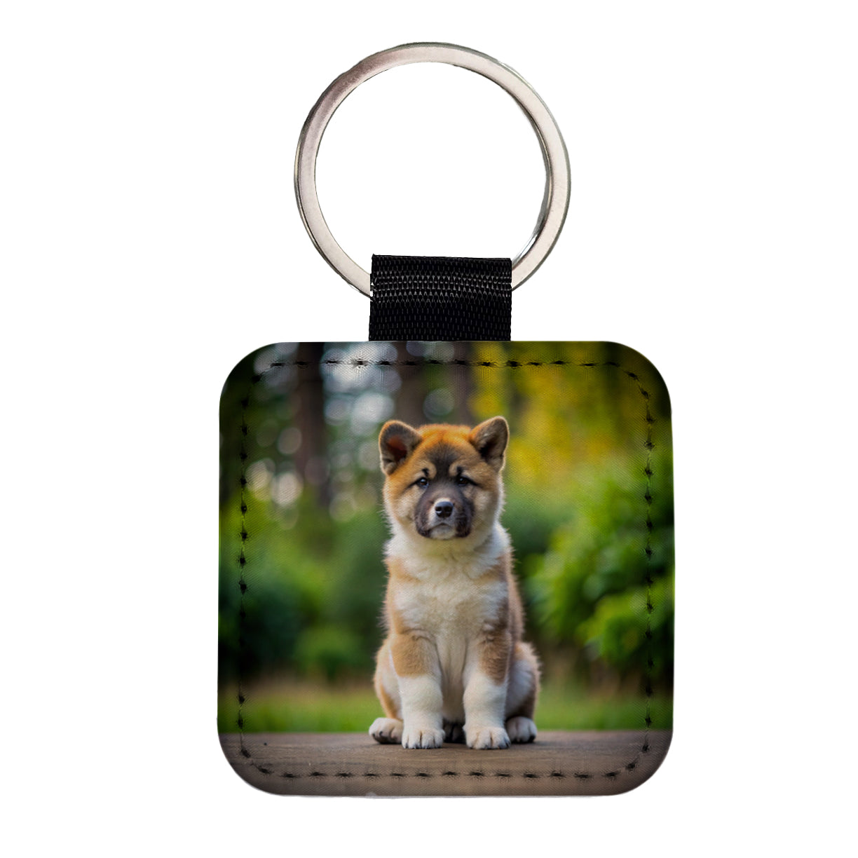 Akita Dog Puppy Photo Square Faux Leather Keychain