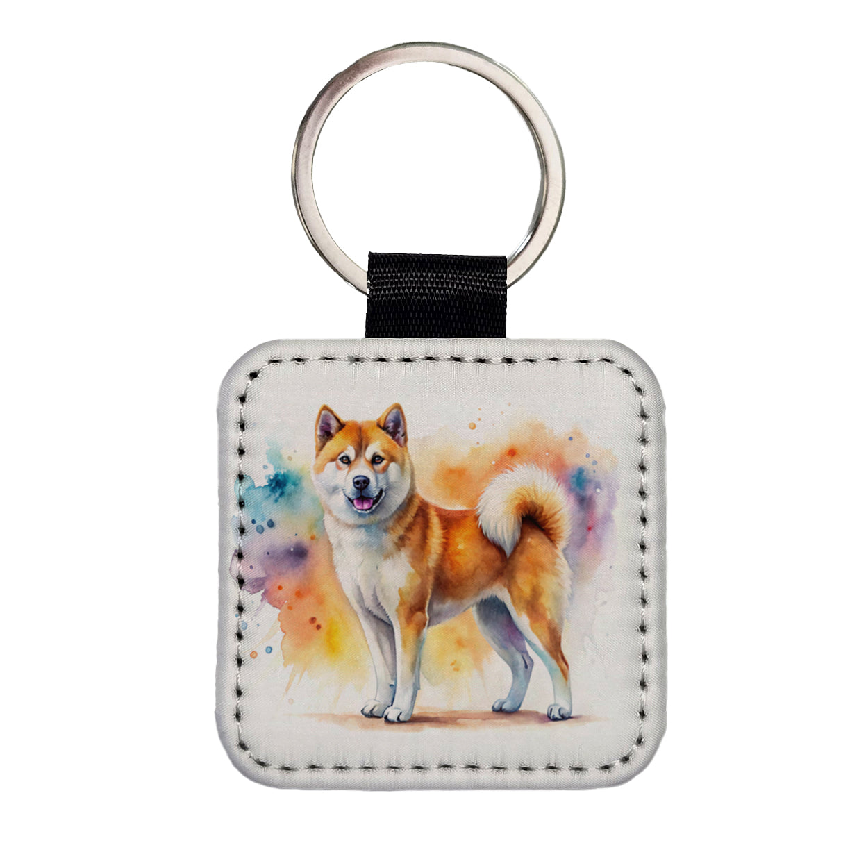 Akita Dog Watercolor Style Square Faux Leather Keychain
