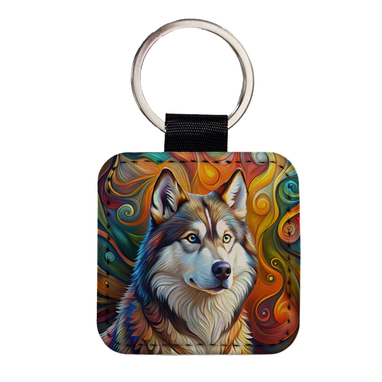Alaskan Malamute Dog Abstract Art Square Faux Leather Keychain