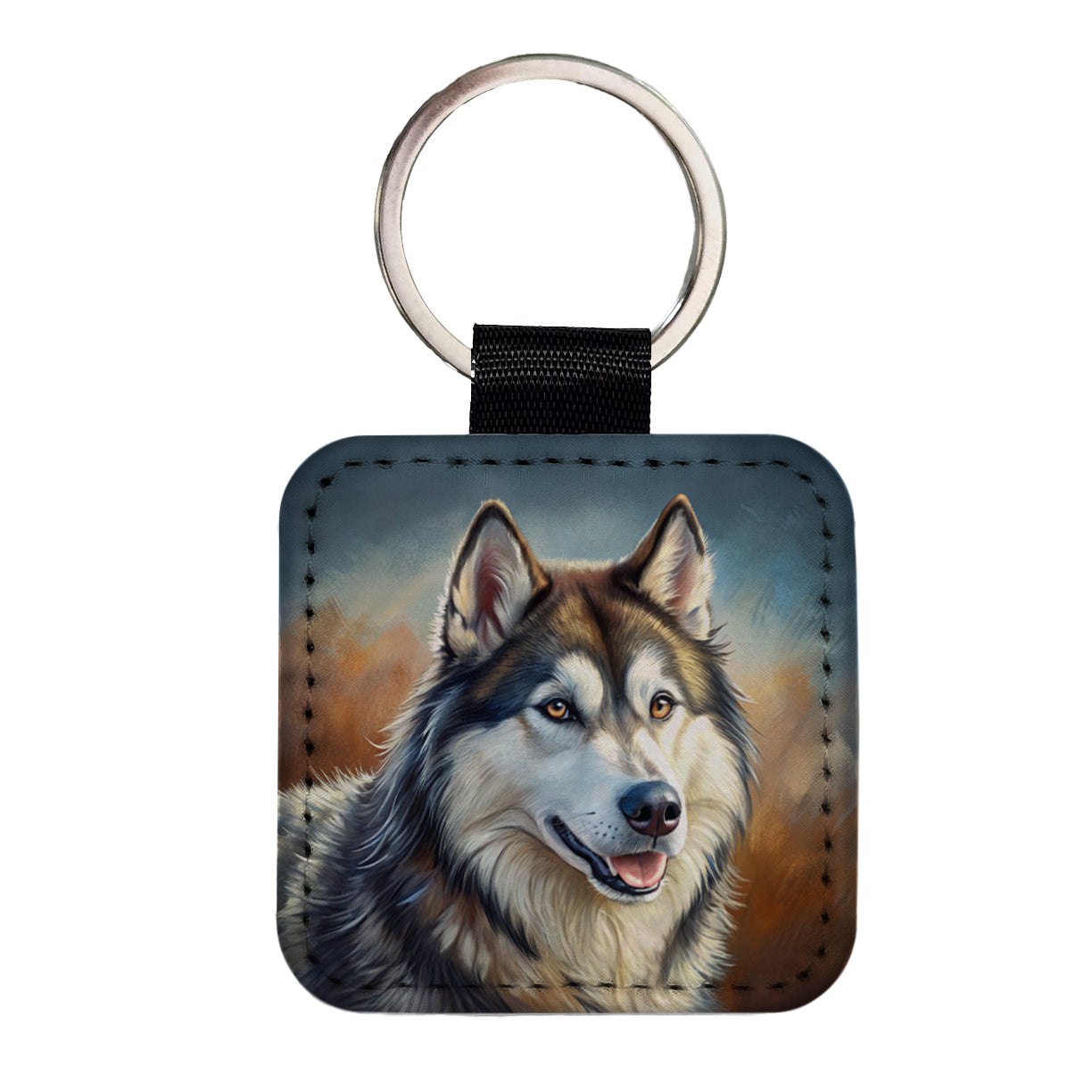 Alaskan Malamute Dog Illustration Square Faux Leather Keychain