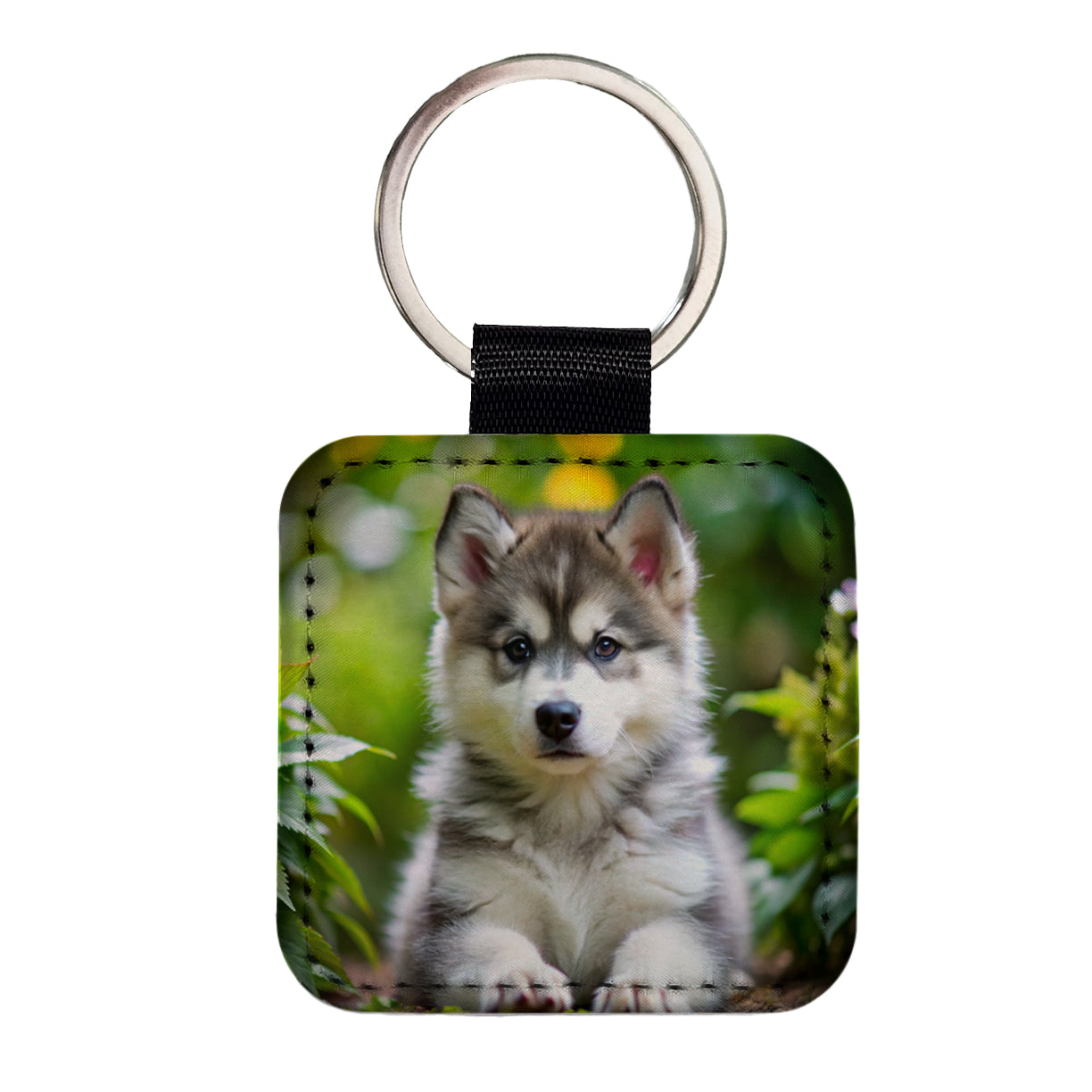 Alaskan Malamute Dog Puppy Photo Square Faux Leather Keychain