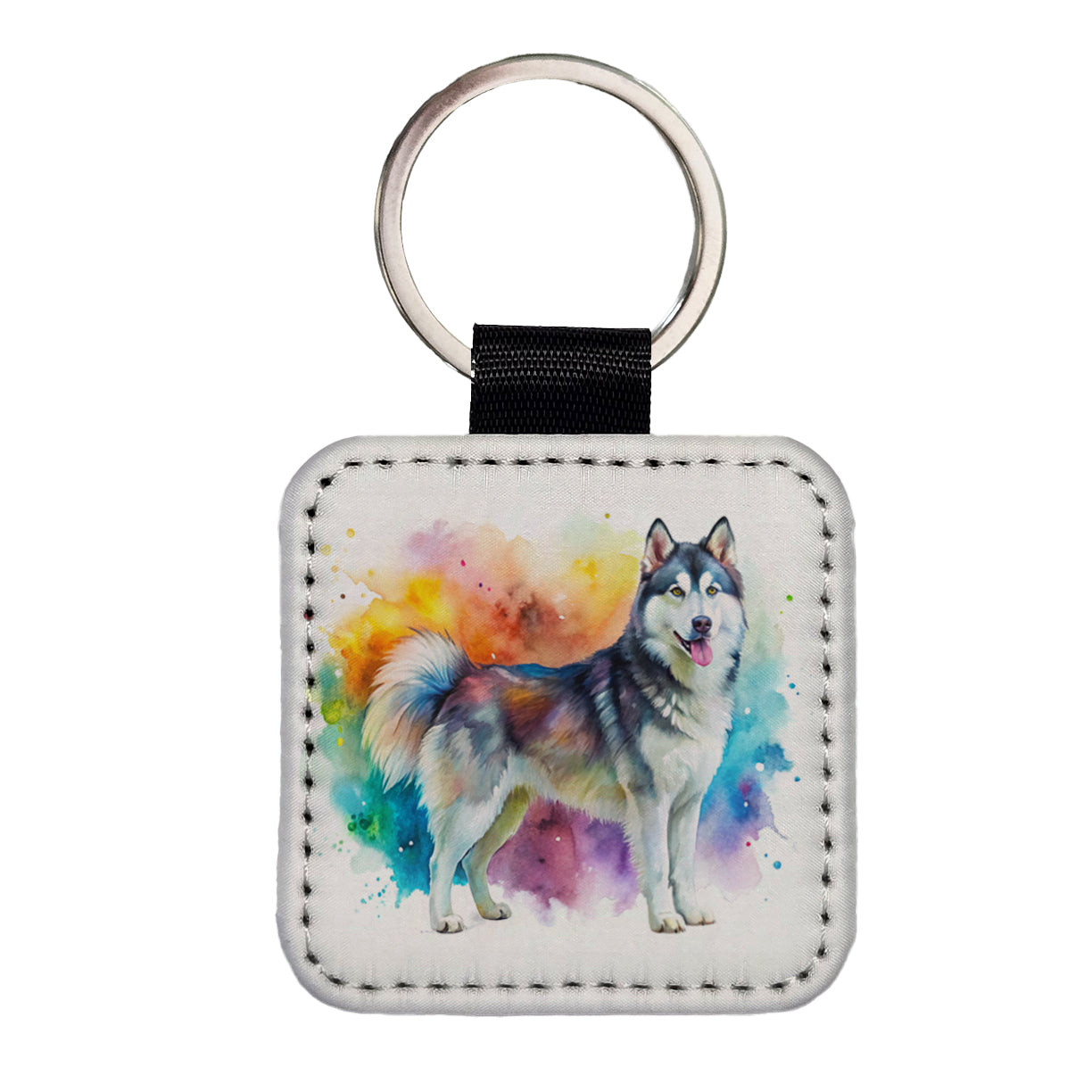 Alaskan Malamute Dog Watercolor Style Square Faux Leather Keychain
