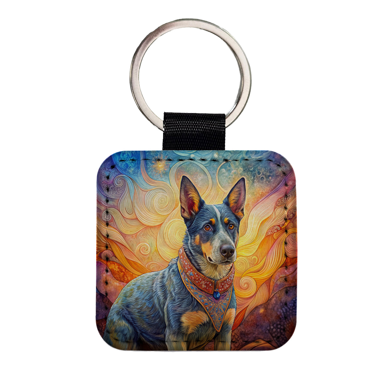 Australian Cattle Dog French Bohemian Art Square Faux Leather Keychain