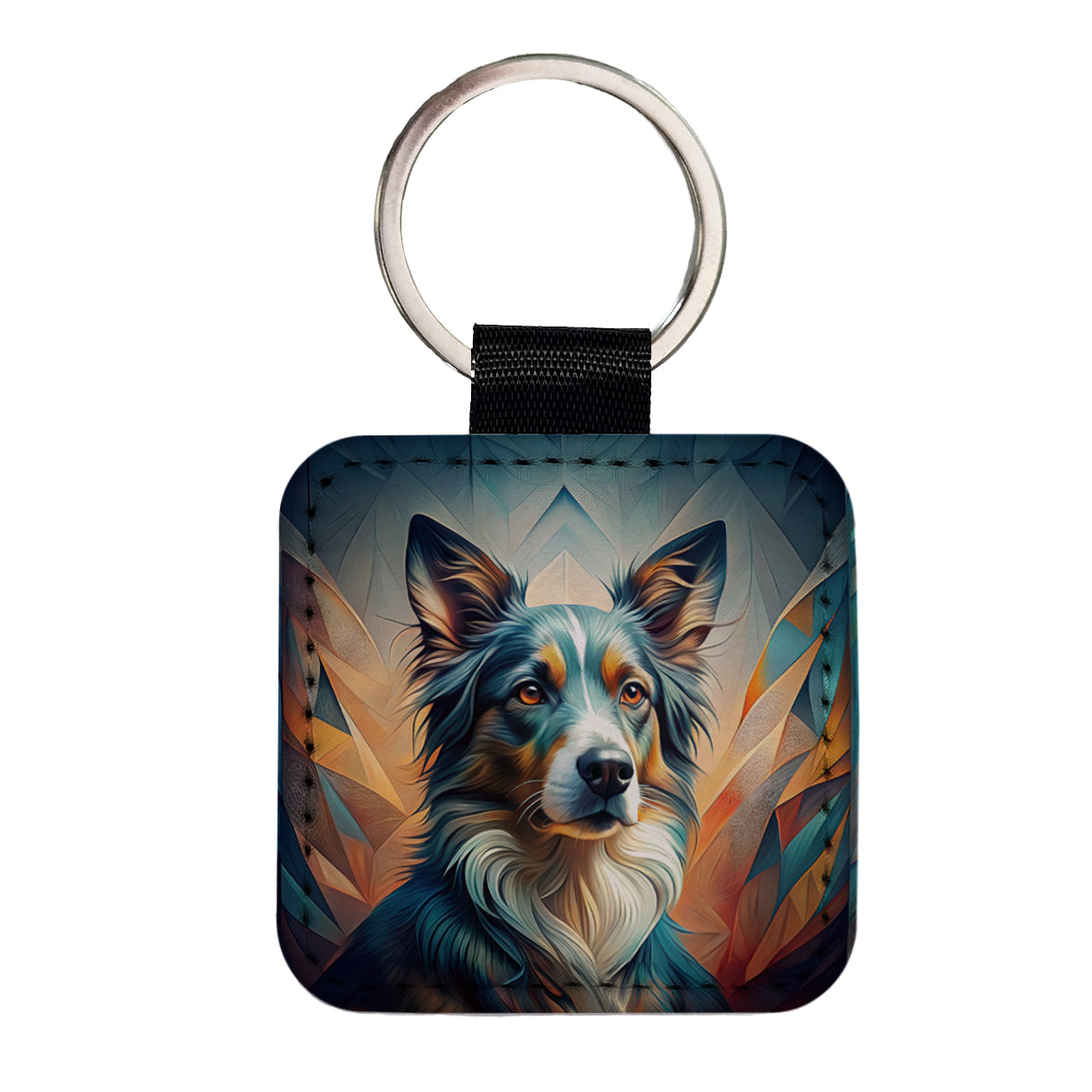 Australian Shepherd Dog Abstract Stylized Art Square Faux Leather Keychain