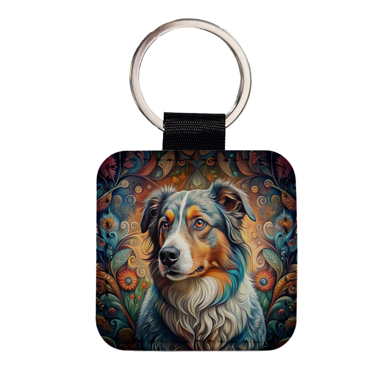 Australian Shepherd Dog Bohemian Art Square Faux Leather Keychain