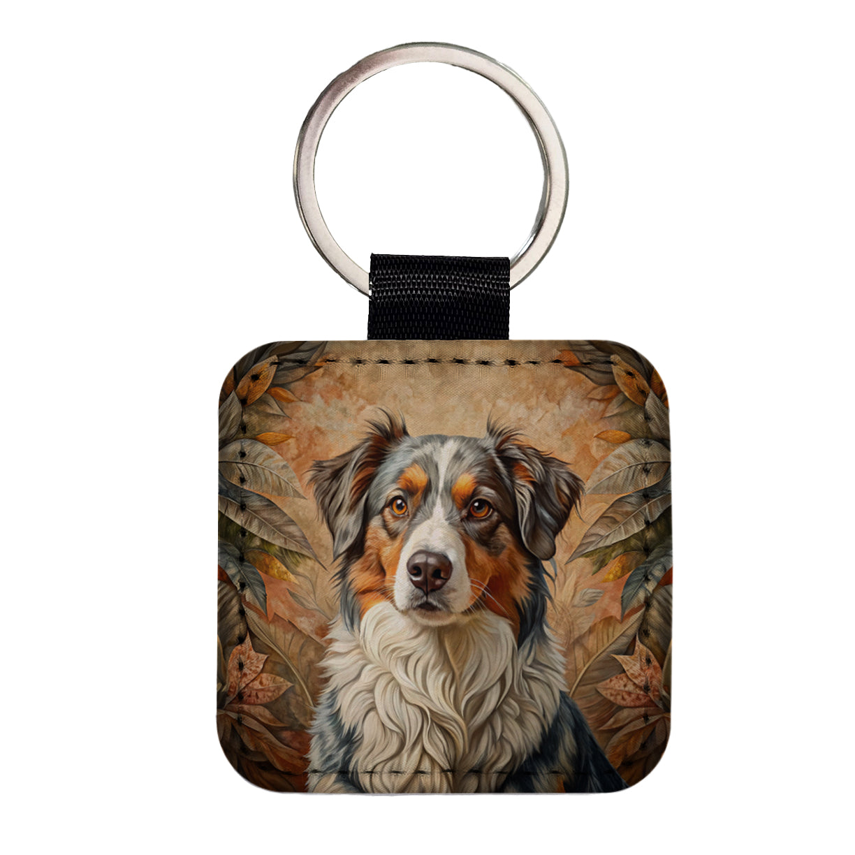 Australian Shepherd Dog French Bohemian Art Square Faux Leather Keychain