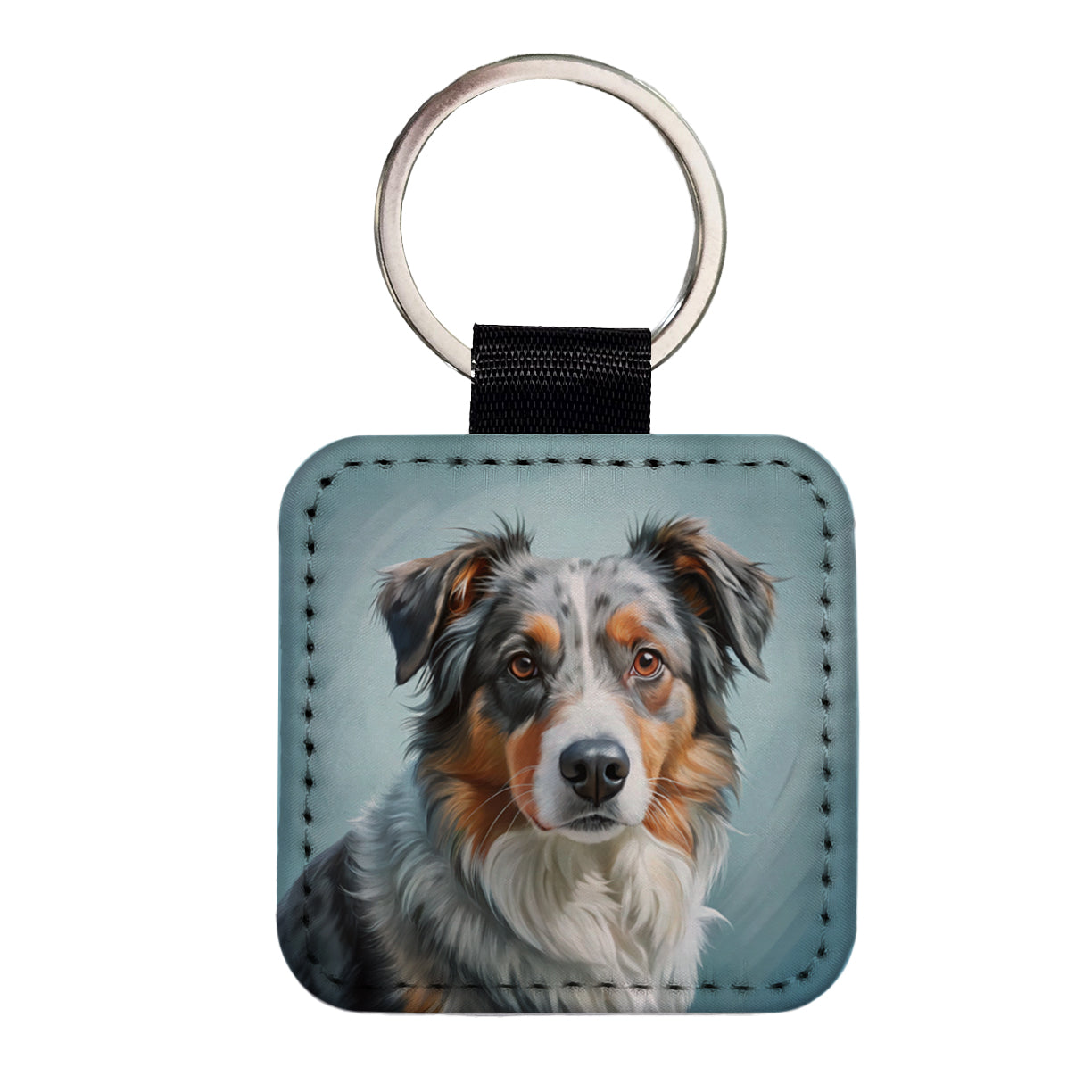 Australian Shepherd Dog Illustration Square Faux Leather Keychain