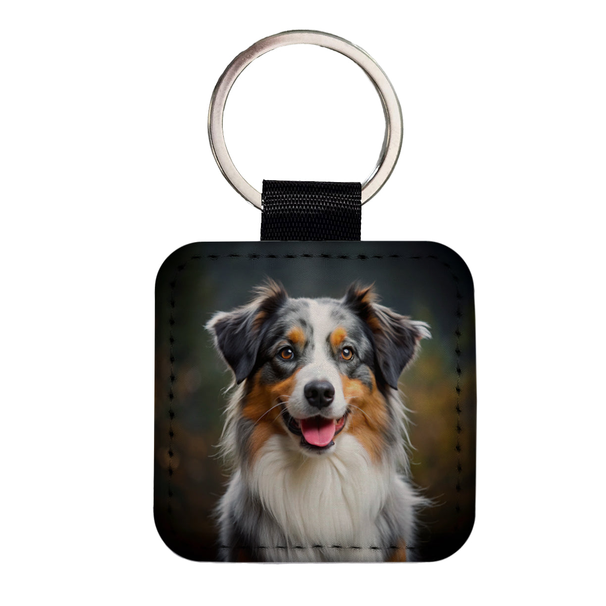 Australian Shepherd Dog Photo Square Faux Leather Keychain