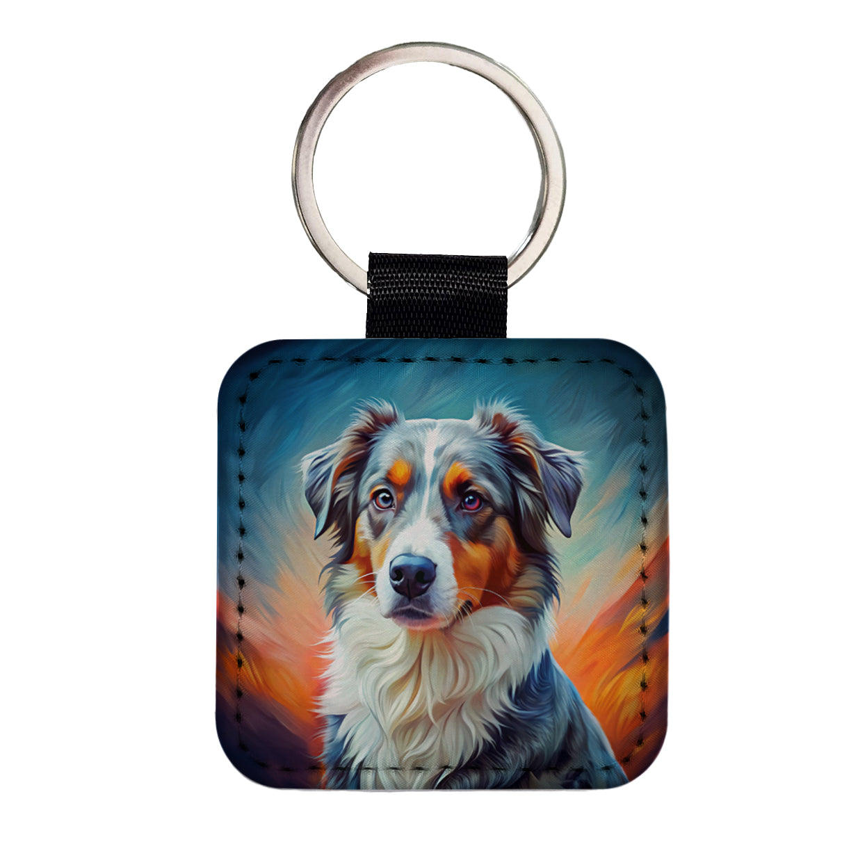Australian Shepherd Dog Pop Art Square Faux Leather Keychain