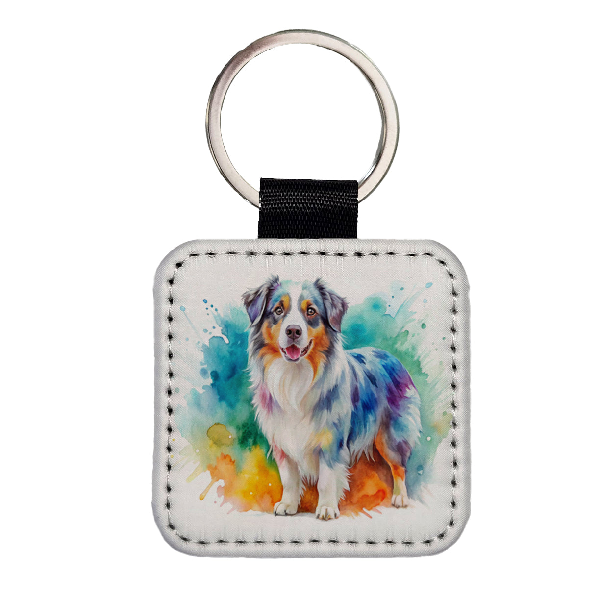 Australian Shepherd Dog Watercolor Style Square Faux Leather Keychain