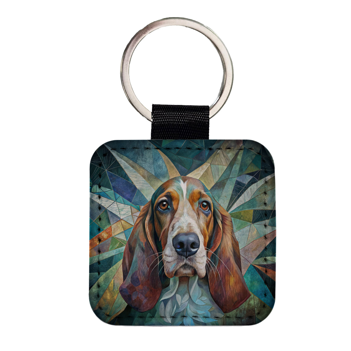 Basset Hound Dog Abstract Art Square Faux Leather Keychain