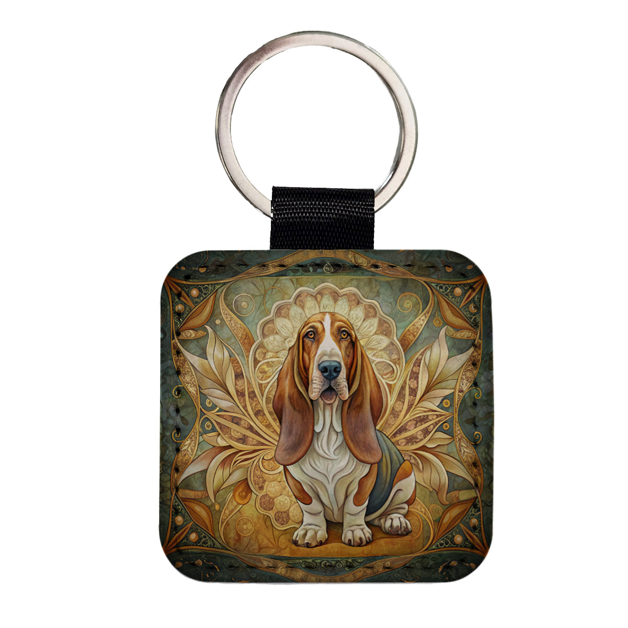 Basset Hound Dog Art Nouveau Square Faux Leather Keychain