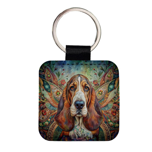 Basset Hound Dog Bohemian Art Square Faux Leather Keychain