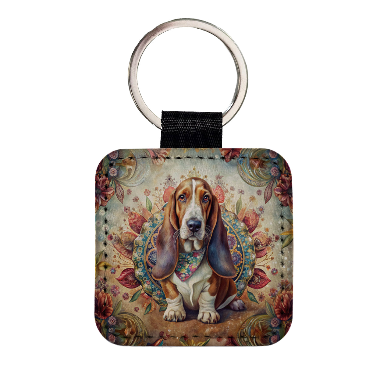 Basset Hound Dog French Bohemian Art Square Faux Leather Keychain