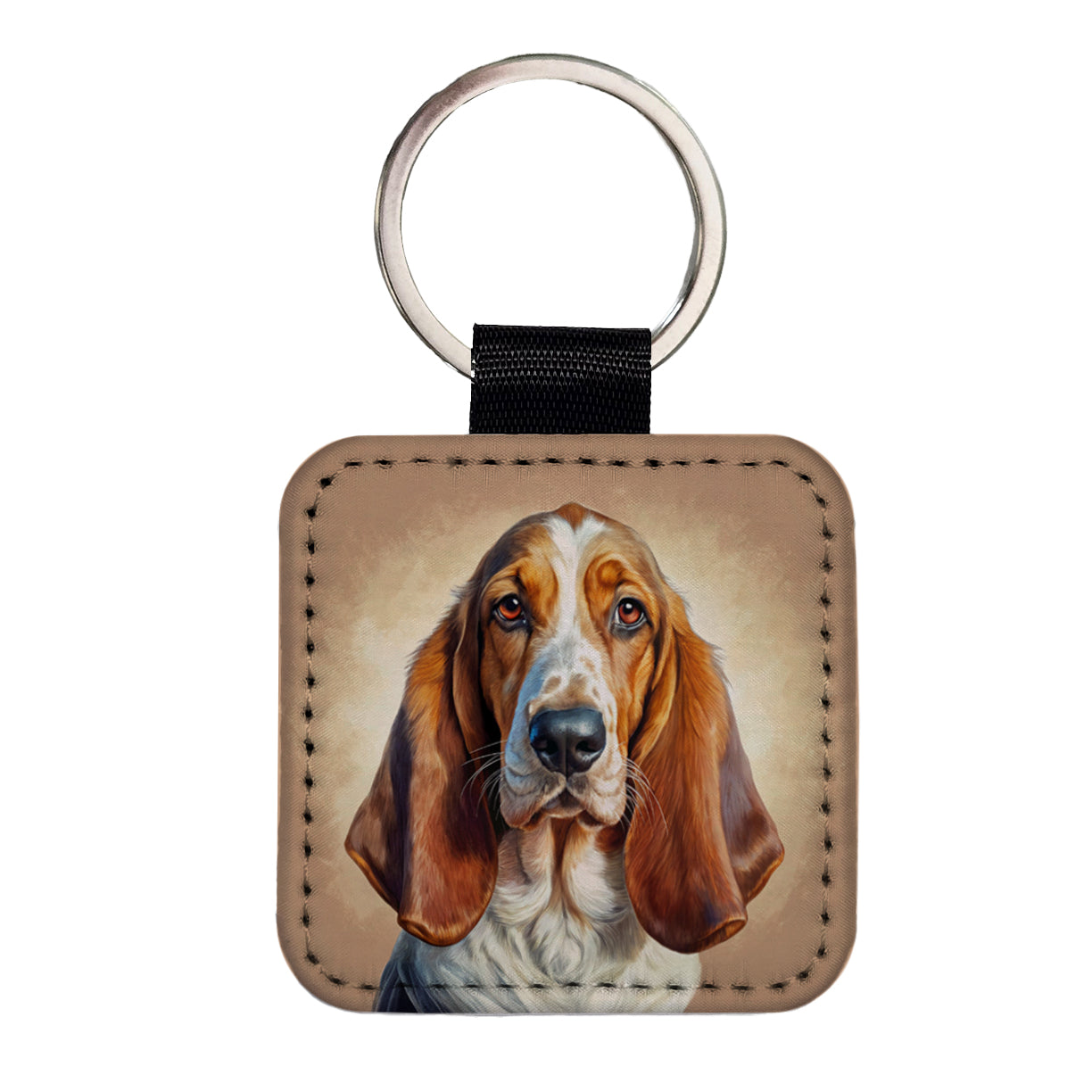 Basset Hound Dog Illustration Square Faux Leather Keychain