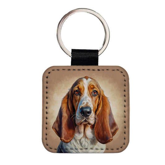Basset Hound Dog Illustration Square Faux Leather Keychain