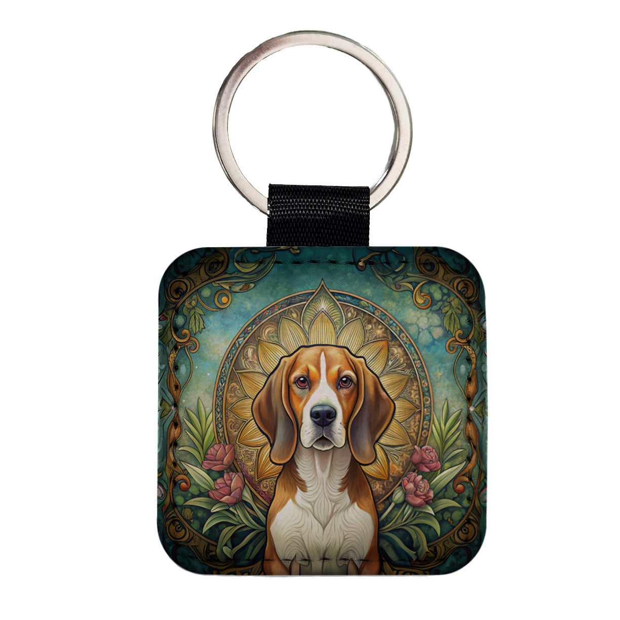 Beagle Dog Art Nouveau Square Faux Leather Keychain
