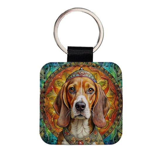 Beagle Dog Bohemian Art Square Faux Leather Keychain