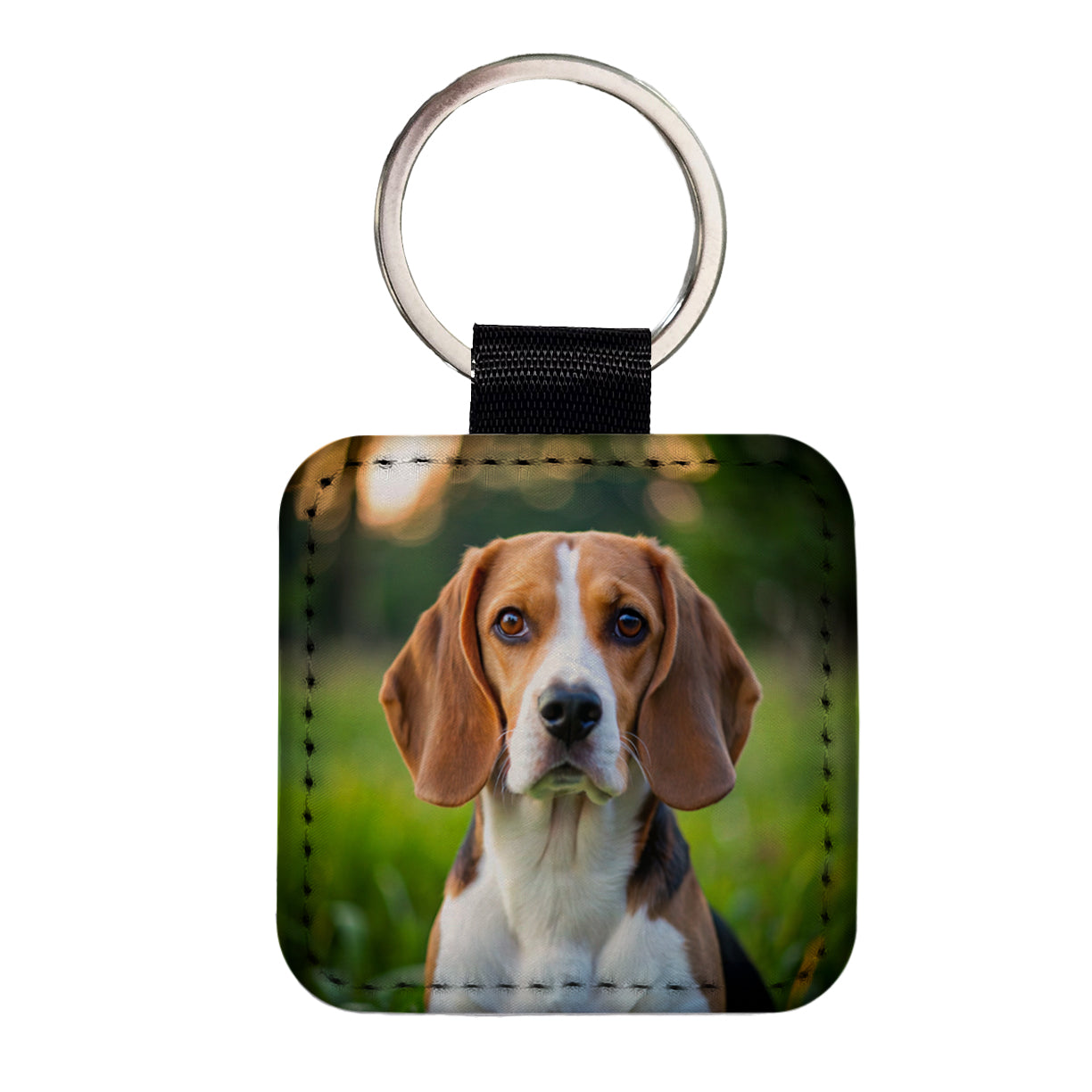 Beagle Dog Photo Square Faux Leather Keychain