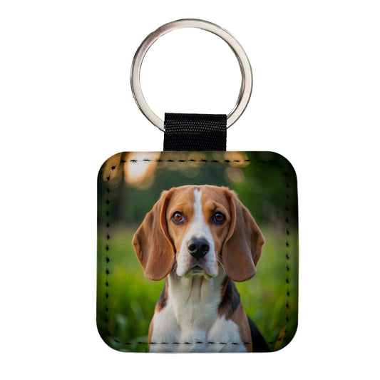 Beagle Dog Photo Square Faux Leather Keychain