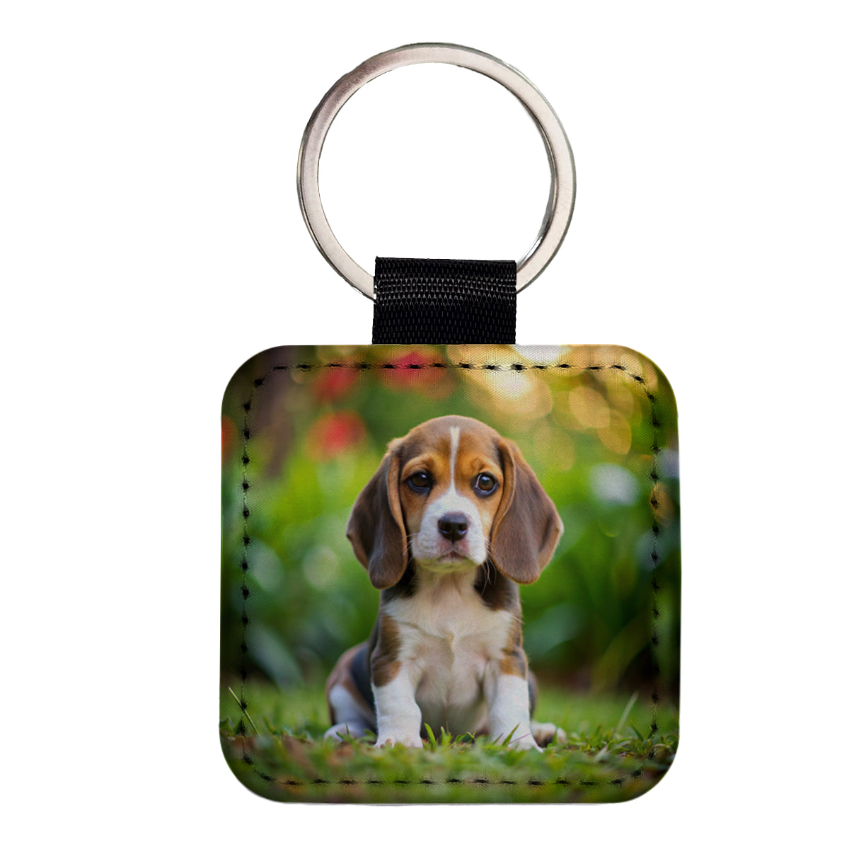 Beagle Dog Puppy Photo Square Faux Leather Keychain