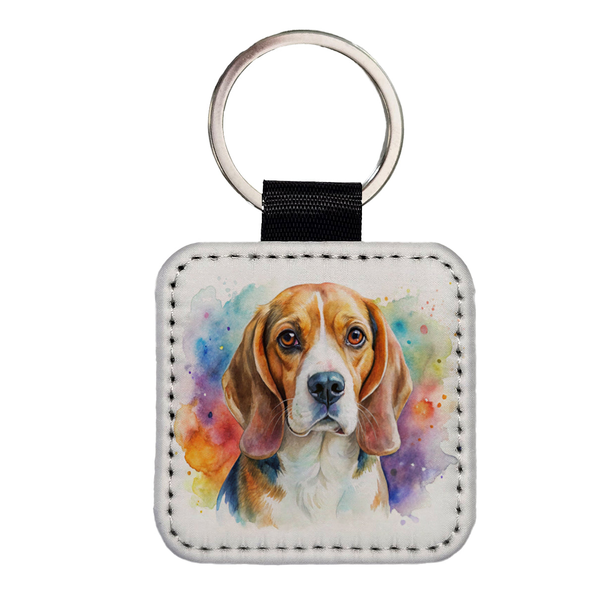 Beagle Dog Watercolor Style Square Faux Leather Keychain
