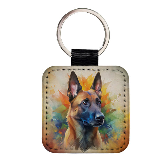 Belgian Malinois Dog Abstract Art Square Faux Leather Keychain