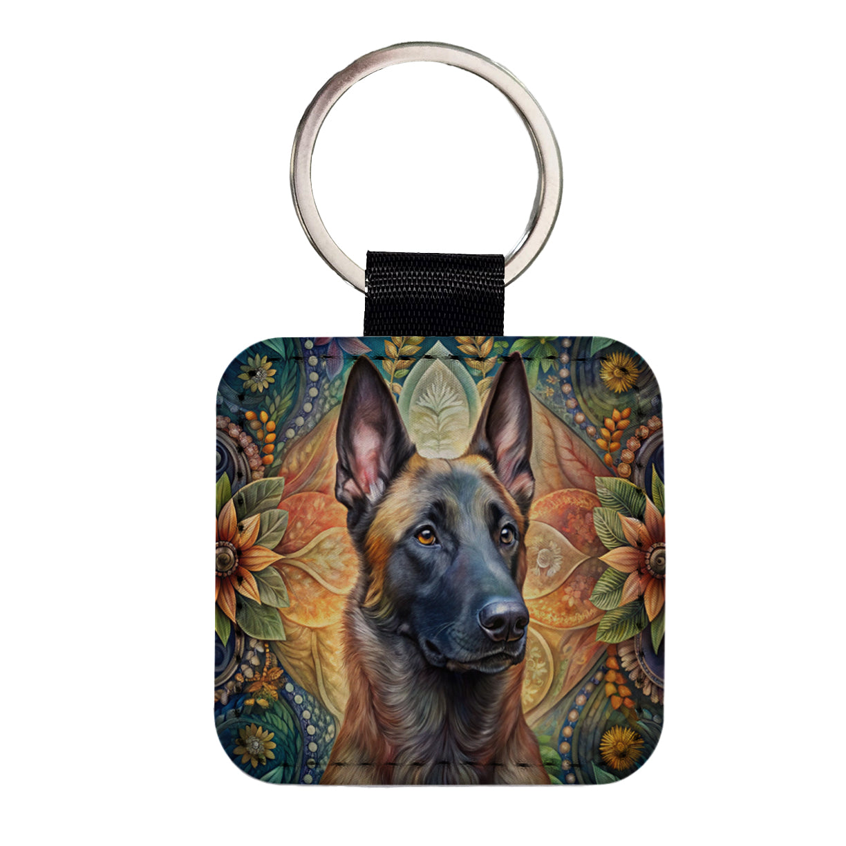 Belgian Malinois Dog Bohemian Art Square Faux Leather Keychain