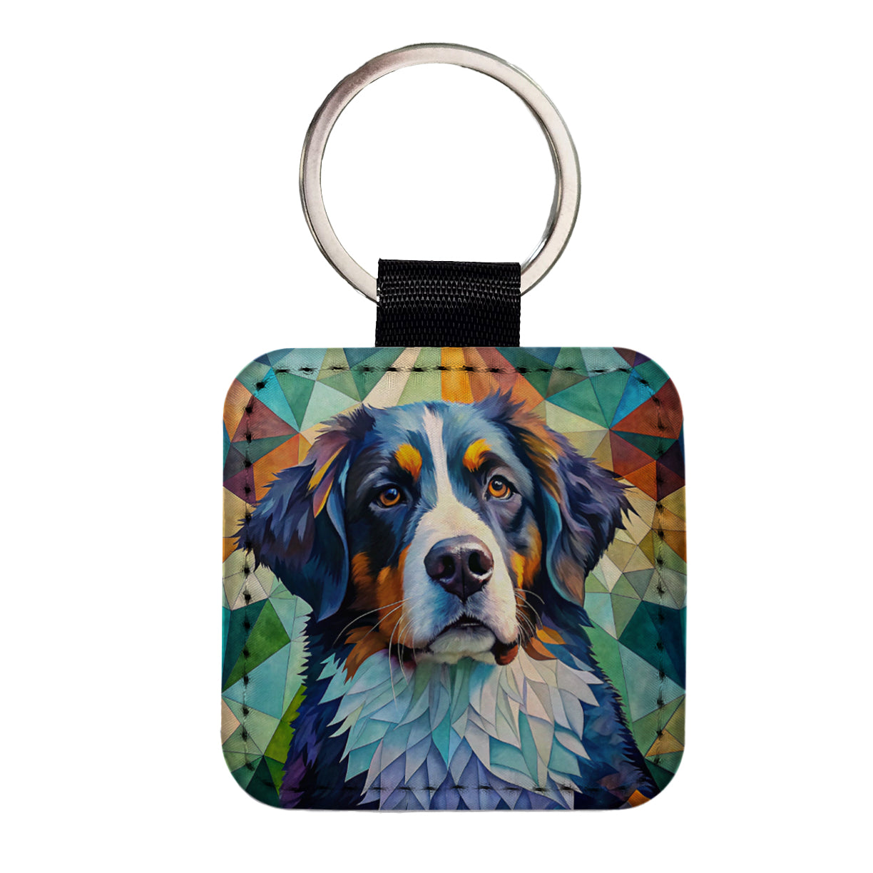Bernese Mountain Dog Abstract Art Square Faux Leather Keychain
